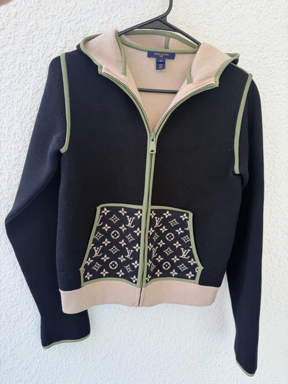 Louis Vuitton Black with Beige and Sage Green Trim Zip Hoodie